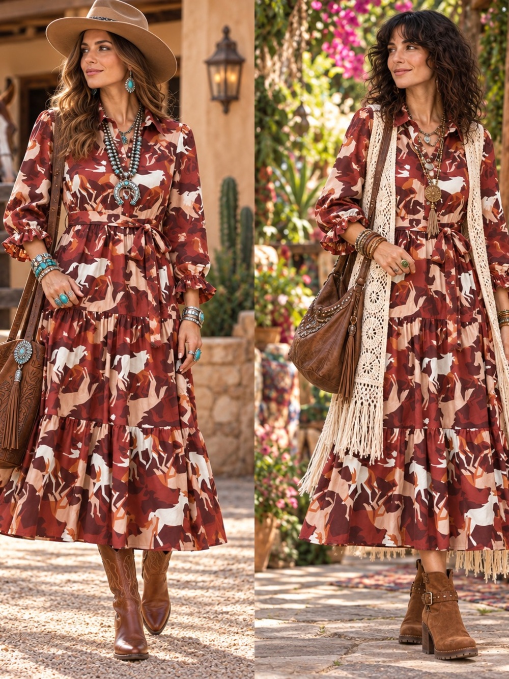 Fantastic Fawn S Horse Print Tiered Maxi Shirt Dress Western NWOT